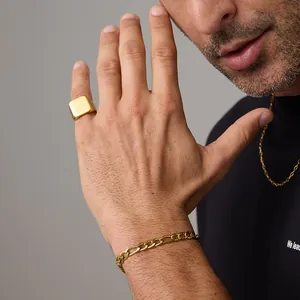 Close-up of 18K gold plated signet ring, figaro chain bracelet and necklace set for men
