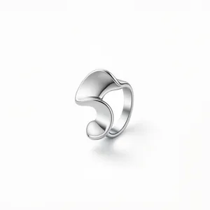Minimalist silver stainless steel ring with irregular wavy streamlined artistic design