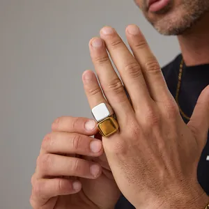 Minimalist square signet rings in 18K gold and silver finish, polished stainless steel