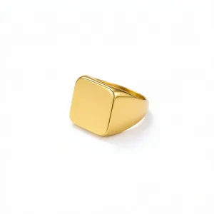 Polished 18K gold plated stainless steel signet ring with a flat square face for women