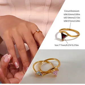 18K gold plated V-shaped stackable ring with colorful triangle zircon gemstones