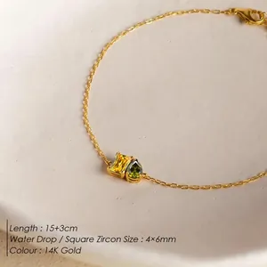 Επιχρυσωμένο βραχιόλι 14K με κίτρινο ορθογώνιο και πράσινο δάκρυ ζιργκόν, μήκους 15+3cm