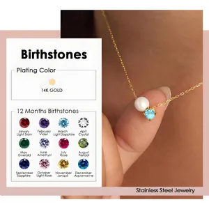 316L Stainless Steel 14K Gold Plated Imitation Artificial Pearl Birthstone Pendant Necklace Vintage Zirconia Clavicle Chain For Women