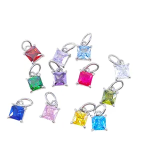 Colorful square zircon pendants with silver metal bases for DIY jewelry making and crafts