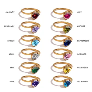 Waterdrop birthstone rings set in gold finish with 12 colors for each month