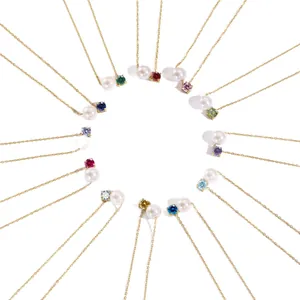 14K gold plated necklace with pearls and diverse colorful gemstone pendants in 12 styles