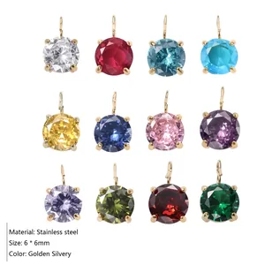 Close-up of 12 multi-colored 6mm round zircon pendants in stainless steel settings