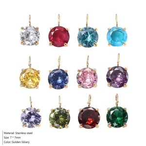 Macro shot of 12 multi-colored round zircon pendants with four-claw stainless steel setting