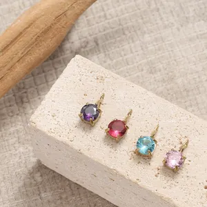 Four-color round zircon charms with gold four-prong setting for DIY jewelry making