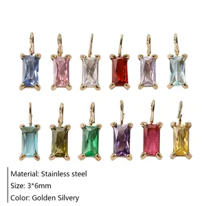 Detailed set of 12 rectangular zircon charms in various colors for DIY jewelry making