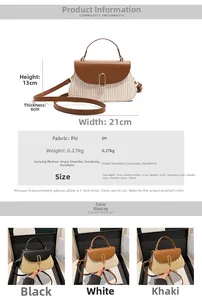 Size chart showing 21x13x6cm dimensions for the woven patchwork shoulder handbag