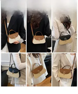 Detail shots of patchwork straw woven handbags showing multi-angle wear with metal buckles