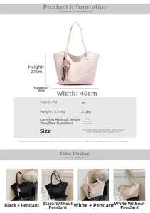 Detailed size chart and parameter view of the woven PU tote bag in black and white