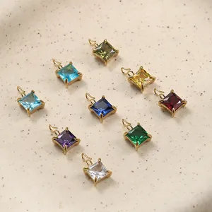 Nine-piece set of square colorful gemstone pendants in gold claw settings for DIY jewelry