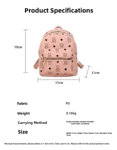 Pink PU mini backpack with cartoon bear print showing detailed dimensions 17x19x11cm