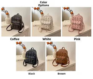 Detail display of mini PU leather backpacks with bear print in five color options