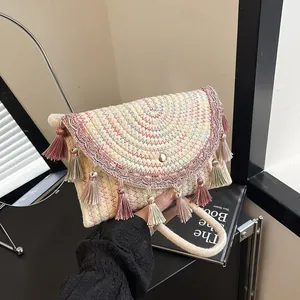 Bohemian Woven Crossbody Bag For Women Ethnic Embroidered Straw Saddle Bag With Tassels Summer Vacation Beach Shoulder Bag