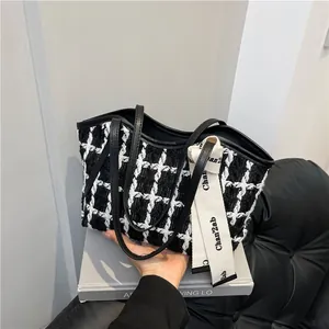 Damen Tweed Plaid Tragetasche Elegant Französischer Stil Kariert Achseltasche Mit Satinband Dekor PU Leder Griff Handtasche