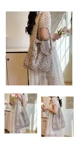 Detail of beige crochet tote bag with pearl wavy pattern on a model from different angles