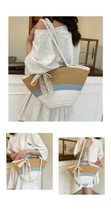 Detail of multi-color woven tote bag with lace bow and sturdy cotton rope handles