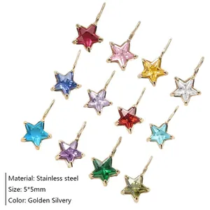 5x5mm stainless steel star pendants with colorful faceted crystals in diverse multi-color set