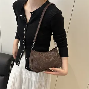 Women's Vintage Snake Print Underarm Bag PU Leather Shoulder Baguette Bag Small Square Hobo Bag For Daily Commuting Office Lady