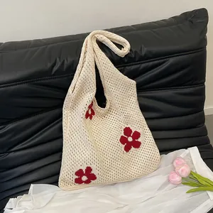 Damen Strick Häkel Blumen Tote Bag Durchbrochene Mesh Schultertasche Große Kapazität Sommer Strandhandtasche Lässige Shopping Bag