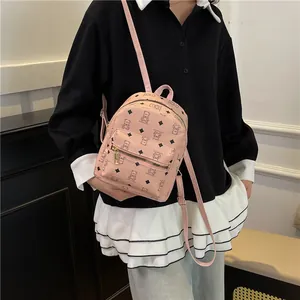 Mini Sac à Dos Femme Mode Coréenne en Cuir PU Imprimé Ours et Losanges Grande Capacité Voyage Étudiant Sac à Bandoulière