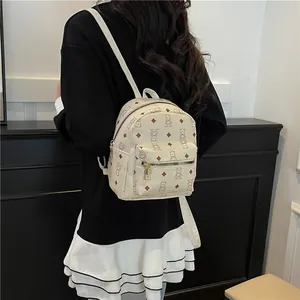 Mini sac à dos pour femme en cuir PU crème avec imprimé ours et fermetures éclair dorées