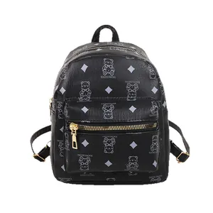 Sac à dos noir en cuir PU avec motif ours et fermetures éclair dorées pour femme