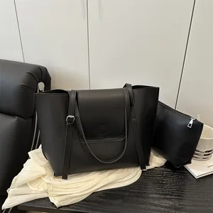 Chic black large capacity tote bag set with matching pouch for daily commute