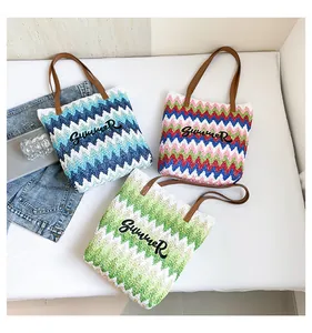 Three colorful wavy woven tote bags with Summer embroidery and brown leather handles