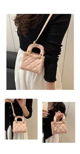 Detailed view of pink quilted handbag with gold hardware and versatile carrying options