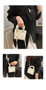 Detailed views of a white quilted mini handbag with gold hardware and chain strap