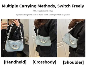 Detailed views of bow handbag in handheld, crossbody, and single shoulder styles