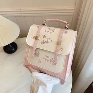 Mochila de Moda para Mujer de Cuero de PU Mini Rosa Blanco Bloque de Color Dibujos Animados Bolso Estilo Preppy Viaje