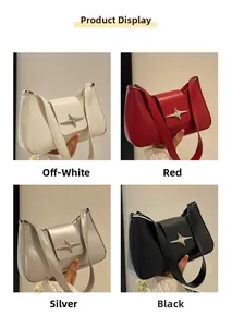 Détail montrant quatre sacs sous les bras en forme de lune en crème, rouge, argent et noir
