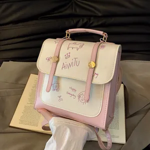 Zaino da donna in pelle PU bicolore rosa e beige con simpatiche illustrazioni cartoon