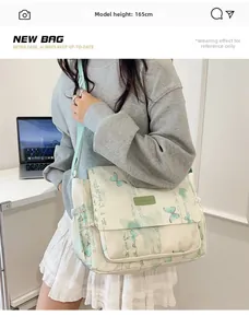 Detail of floral canvas crossbody bag with butterfly prints and mint green shoulder strap