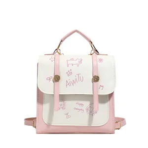 Zaino AiwiTu rosa e bianco con stampe di cartoni animati e design versatile con manico