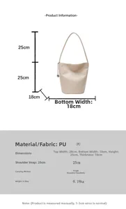 Spécifications de taille pour sac seau en cuir souple beige avec dimensions détaillées