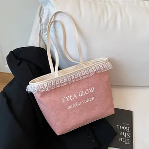 Grand Sac Fourre-tout Femmes Cuir PU Avec Bordure en Dentelle Imprimé Lettres Sac à Épaule Décontracté Shopping
