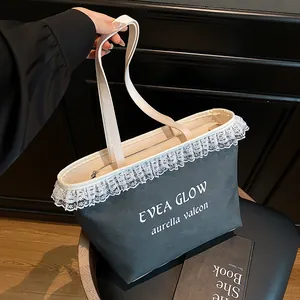Sac fourre-tout en toile élégant avec bordure en dentelle blanche et anses en cuir fin