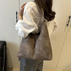 Deep brown retro textured large capacity hobo shoulder bag for women summer fashion