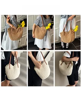 Detailed views of beige and khaki woven beach tote bags with leather straps and stitching