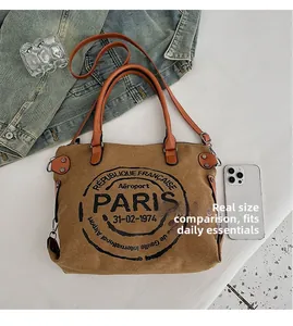 Detail of vintage canvas tote bag showing large capacity for daily essentials