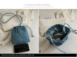 Detail view of mini denim bucket bag showing interior space and compact size comparison