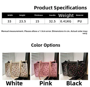 Vue détaillée des dimensions du sac cabas floral et trois options de couleurs en cuir PU