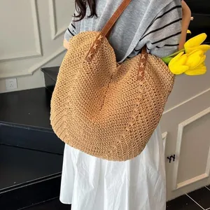 Women Casual Woven Tote Bag Large Capacity Beach Shoulder Bag With PU Leather Straps V-Pattern Vacation Style Shopping Handbag