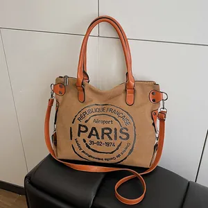 Women Vintage Canvas Tote Bag Large Capacity Paris Print Shoulder Bag With Synthetic Leather Trim Retro Commuter Crossbody Bag